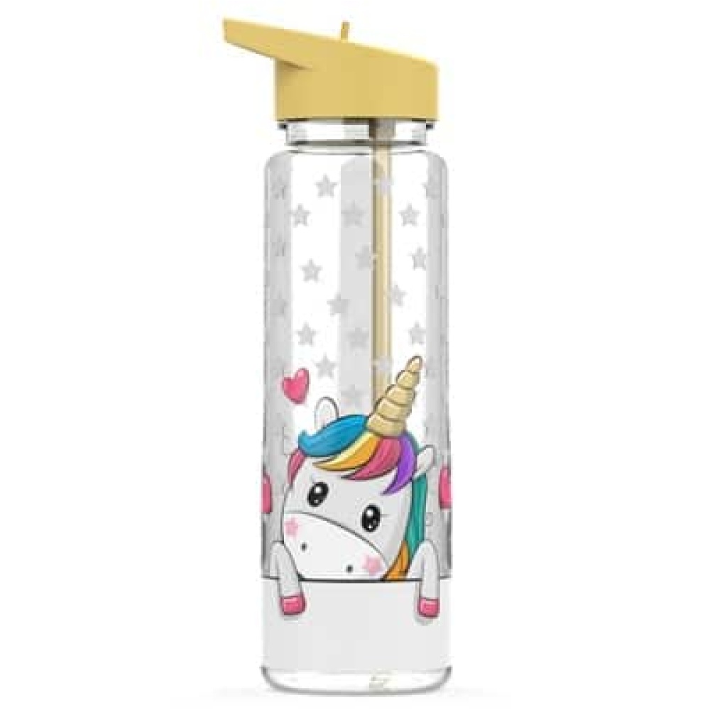720 ml Flasche mit gelbem und transparentem Frucht- und Tieraufdruck mit weißem Hintergrund