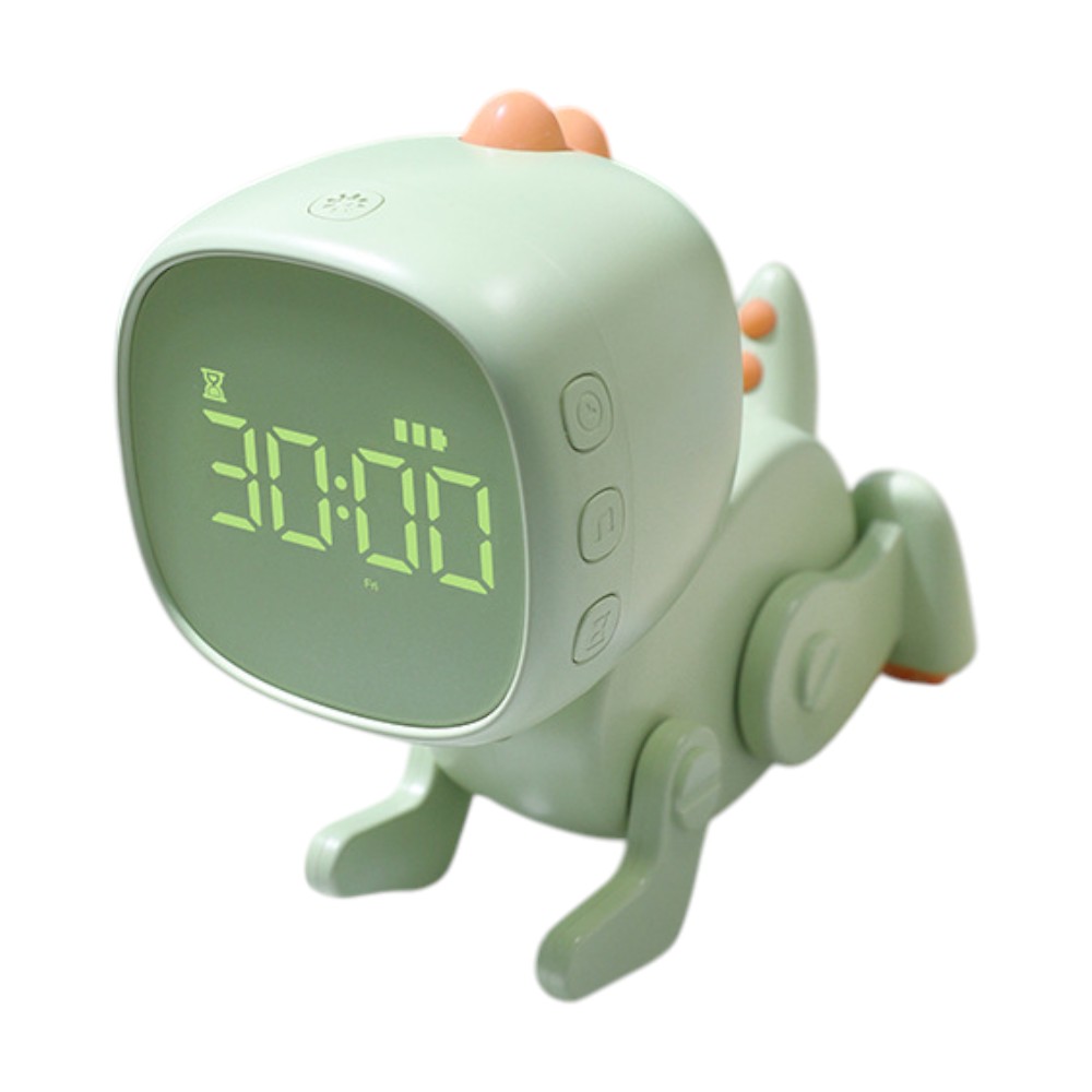 Verspielter Kinderwecker in Dinosaurierform, multifunktional mit LED-Nachtlicht und Alarmen, niedliches Design aus robustem grünem ABS-Kunststoff.