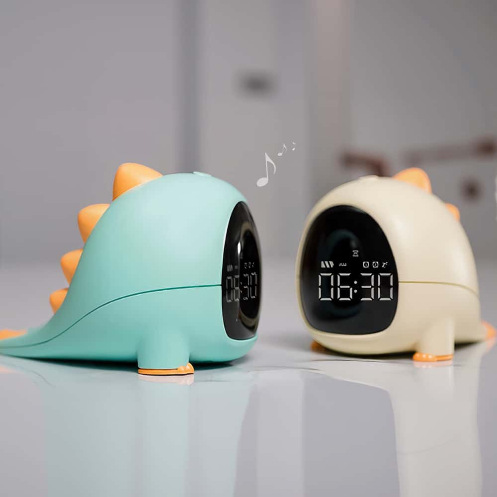 Digitaler Wecker in Form eines Dinosauriers kawaii Kind grün und gelb mit LED-Display