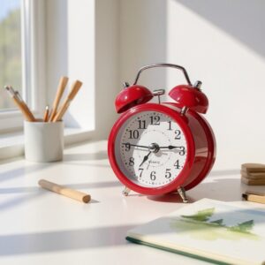 Retro-Doppelglocken-Wecker ohne Strahlung für Kinder, rote Ausführung, auf weißem Hintergrund, Vintage-Design, pädagogisch und strahlungsfrei.