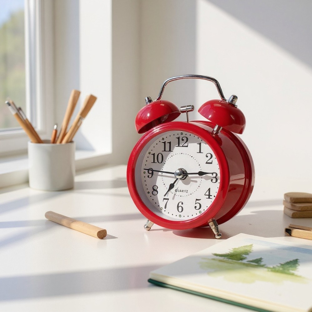 Retro-Doppelglocken-Wecker ohne Strahlung für Kinder, rote Ausführung, auf weißem Hintergrund, Vintage-Design, pädagogisch und strahlungsfrei.