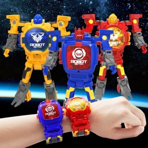 Armbanduhr mit Roboterverformung auf einer Hand, mit schwarzem Hintergrund im Universe-Stil