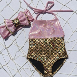 Mädchen-Badeanzugset mit Schleife im heiteren Stil in Gold und Rosa