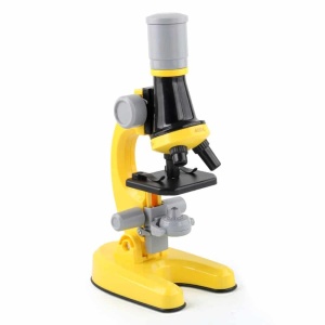 Biologisches Mikroskop 100X 400X 1200X für Kinder in gelb, schwarz und grau auf weißem Hintergrund