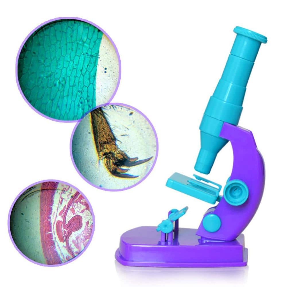 150x DIY Bastelmikroskop violett und blau auf weißem Hintergrund