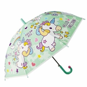 Kinderregenschirm mit grünem Einhornmotiv auf weißem Hintergrund