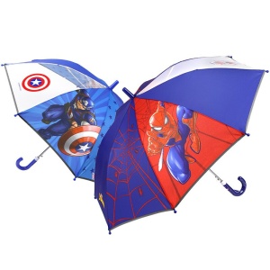 Klemmsicherer Regenschirm mit Cartoon-Motiv für Kinder in blau, rot und lila mit weißem Hintergrund