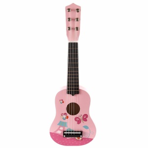 Mini Holzgitarre mit 6 Saiten in rosa auf weißem Hintergrund