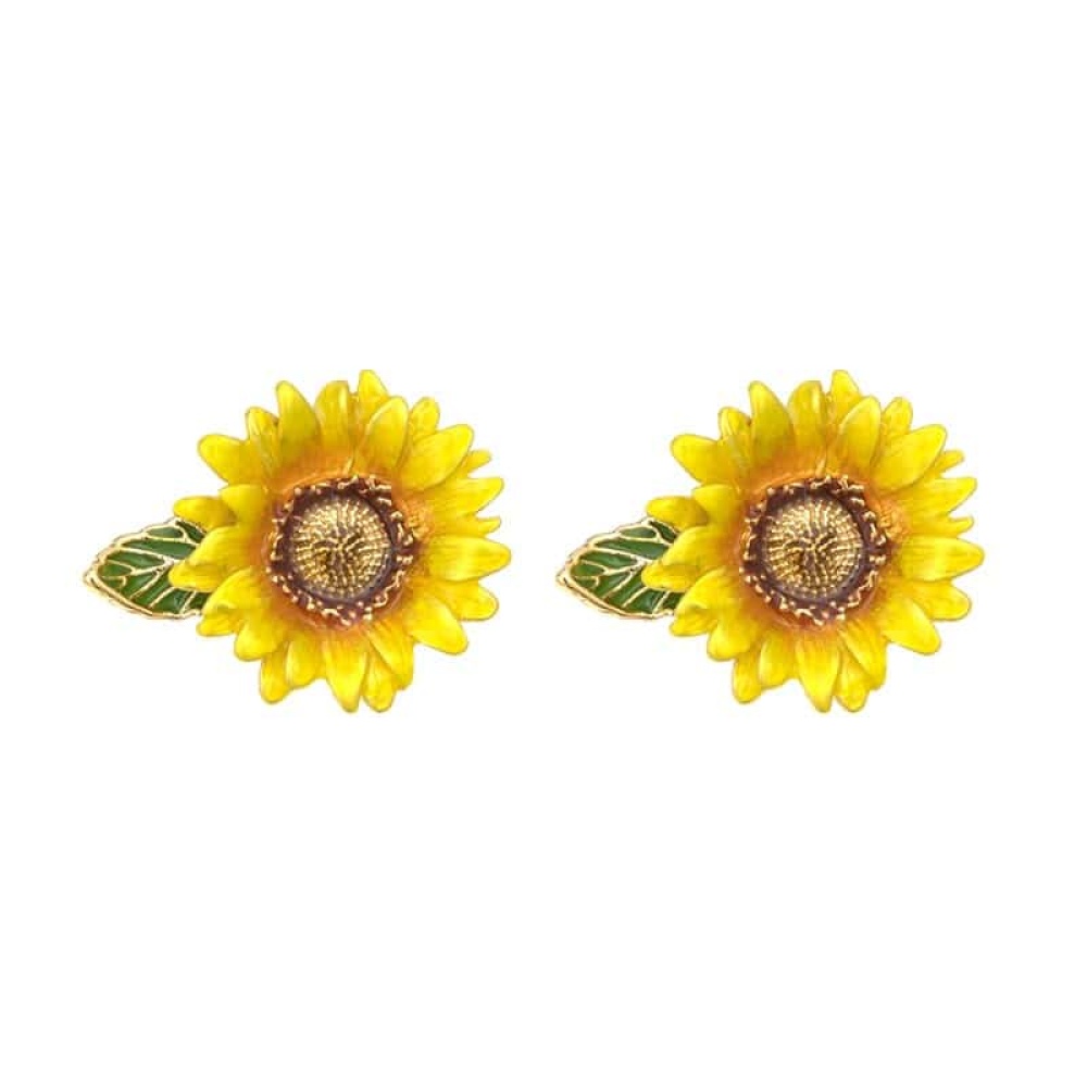 Ohrring in Form einer gelben und grünen Sonnenblume mit weißem Hintergrund