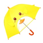 Regenschirm in Tierform mit gelbem transparentem Fenster mit braunen Augen und rotem Griff mit weißem Hintergrund