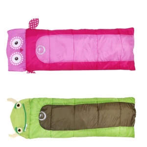 Schlafsack in Tierform für Kinder in rosa und grün mit weißem Hintergrund