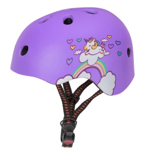 Ultraleichter Fahrradhelm mit violettem Cartoon-Motiv auf weißem Hintergrund