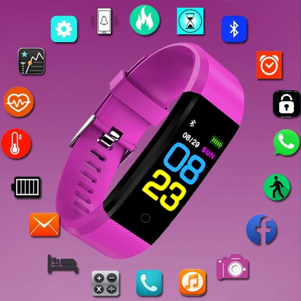 Rosafarbene, verbundene Uhr mit einem Touchscreen. Es gibt eine Vielzahl von Funktionen wie Whatsapp, Bluetooth, Anruf, Kamera, Facebook, Schrittzähler, Stoppuhr,.... Das Armband ist klein und verstellbar, so dass es für jeden geeignet ist. Die Uhrzeit wird digital angezeigt und die Batterie ist sichtbar.