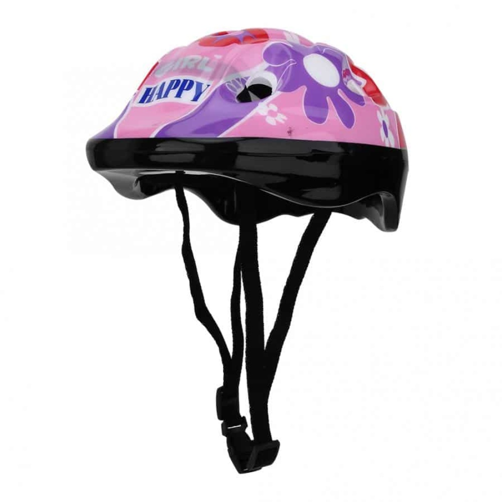 Verstellbarer Fahrradhelm aus Schaumstoff für Kinder Verstellbarer Schaumstoff-Fahrradhelm für Kinder in lila mit Blumen auf weißem Hintergrund