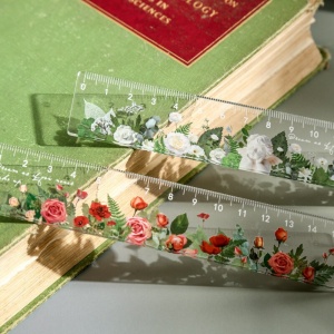 15 cm Lineal mit Blumenmuster für Kinder transparent auf einem Buch in grün