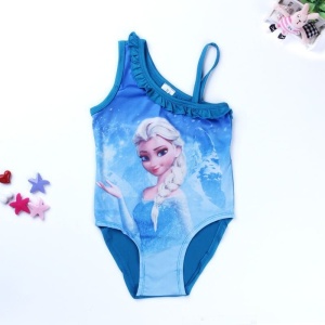 Einteiliger Badeanzug mit Elsa-Muster in Blau mit bunten Sternen auf weißem Hintergrund
