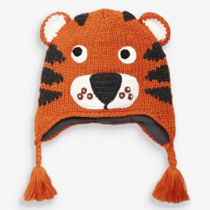 Gestrickte Kapuze mit Tigermuster für Kinder in Orange mit schwarzer Nase und weißem Mund