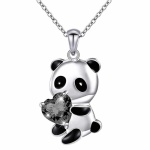 Kinderhalskette mit schwarzem und silbernem Panda-Anhänger mit schwarzem Diamantherz und silberner Kette