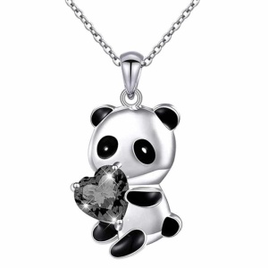 Kinderhalskette mit schwarzem und silbernem Panda-Anhänger mit schwarzem Diamantherz und silberner Kette