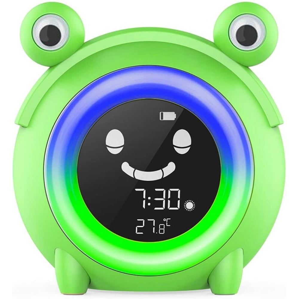 Kinderwecker in Form eines grünen Frosches mit großen Augen und blauem Licht