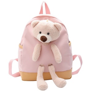 Nylon-Schulranzen mit rosa und braunem Teddybär mit schwarzen Augen