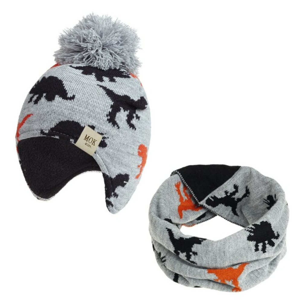 Set aus Mütze und Schal mit Dinosaurier-Motiv für Kinder in grau mit Bommel und Motiven in orange und schwarz