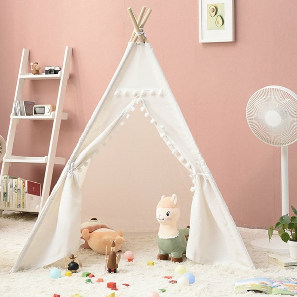 Tragbares Tipi-Zelt für Kinder weiß mit Plüschtieren im Inneren in einem rosa Zimmer