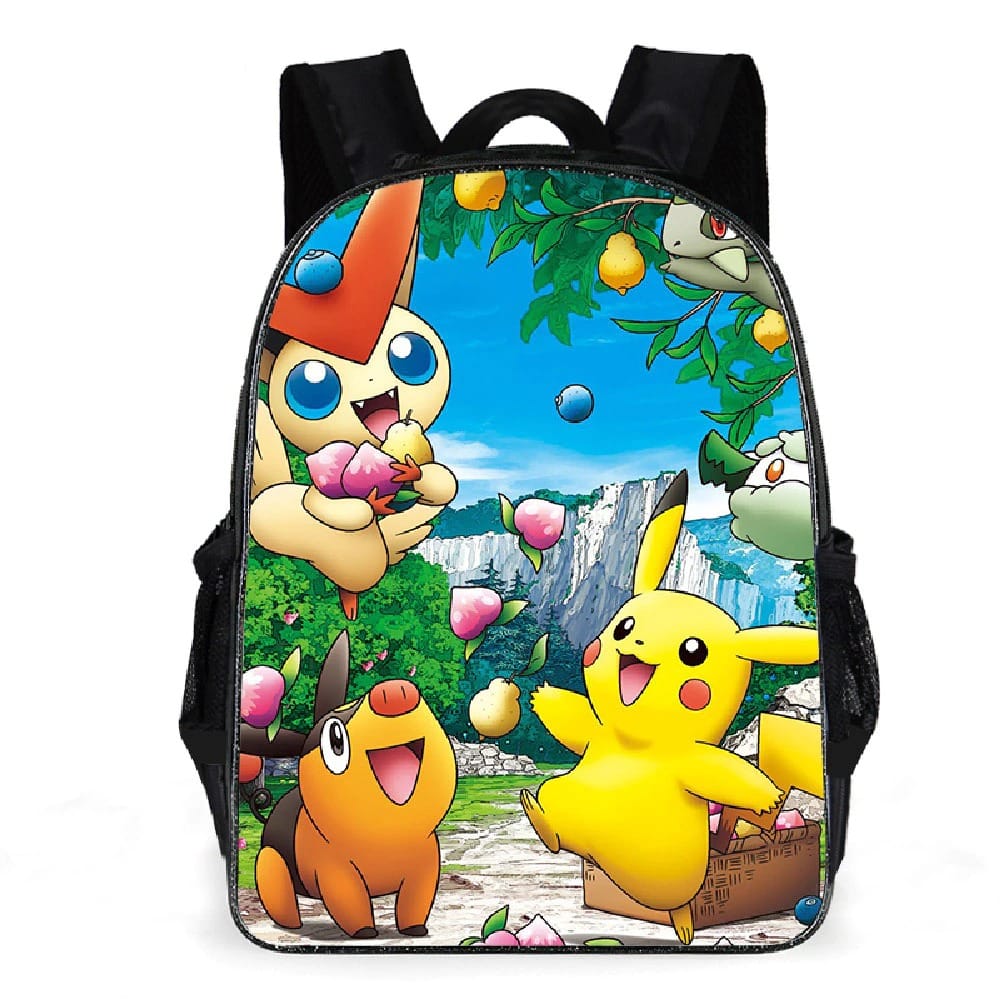 Pokémon Pikachu Rucksack und Früchte mit anderen Pokemon am Ende eines Baumes