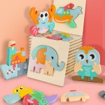 3D-Holzpuzzle für Babys mit bunten Tierformen aus Holz vor einer bunten Wand