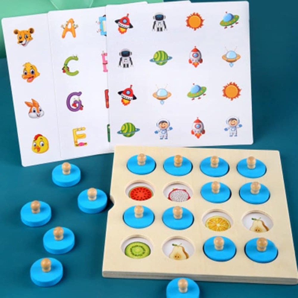 3D-Puzzle, Holz-Gedächtnisspiele für Kinder mit blauen Teilen und Papier mit Motiven