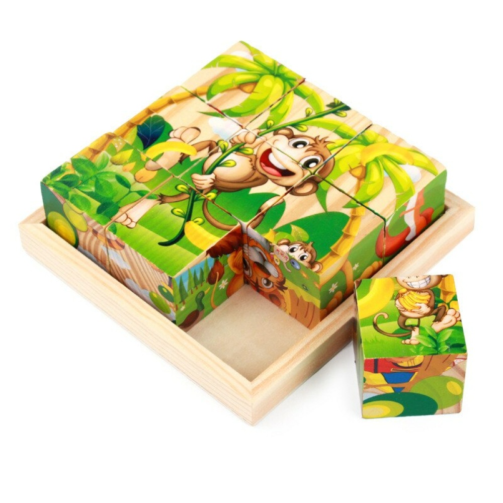 würfelpuzzle mit Waldmotiv in grün und sange in einer Holzkiste