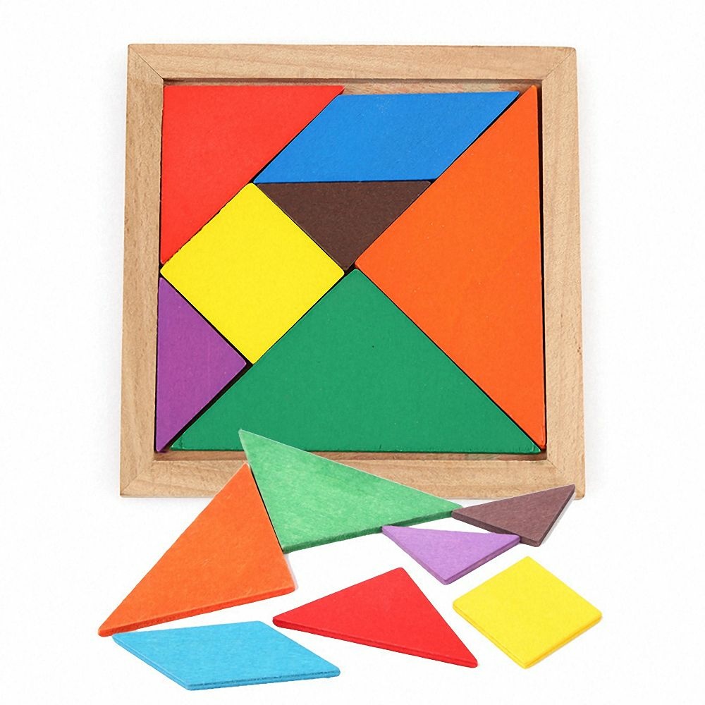 Tangram Puzzle aus farbigem Holz mit Holzbox
