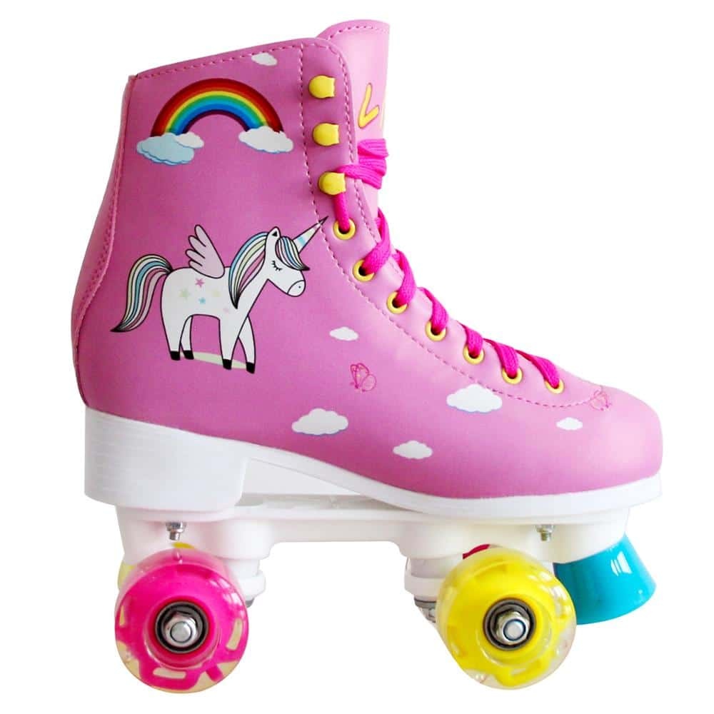 4-Rad-Skates mit Einhorn-Motiv für Kinder in rosa mit Rädern in rosa und gelb