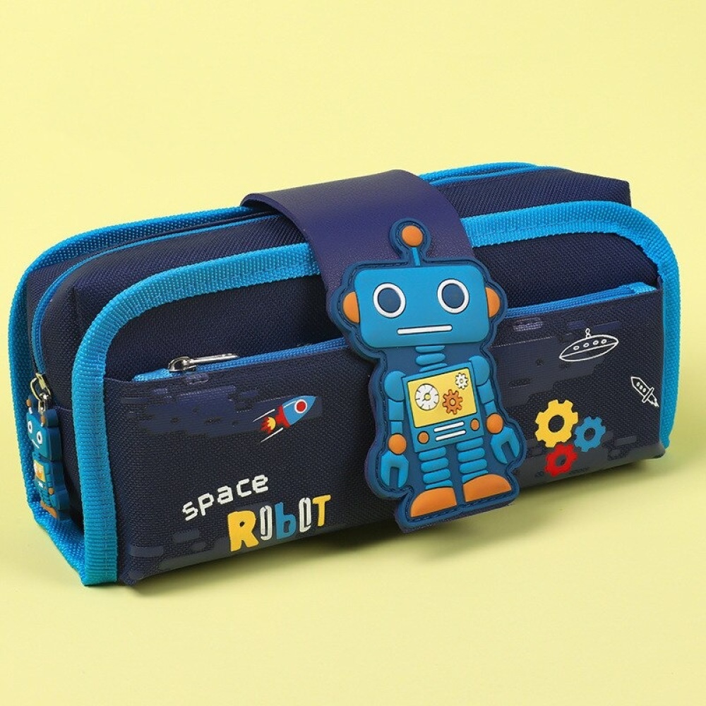 Mäppchen für Kinder 2 in 1 Deko-Roboter in Blau mit Motiven auf gelbem Hintergrund