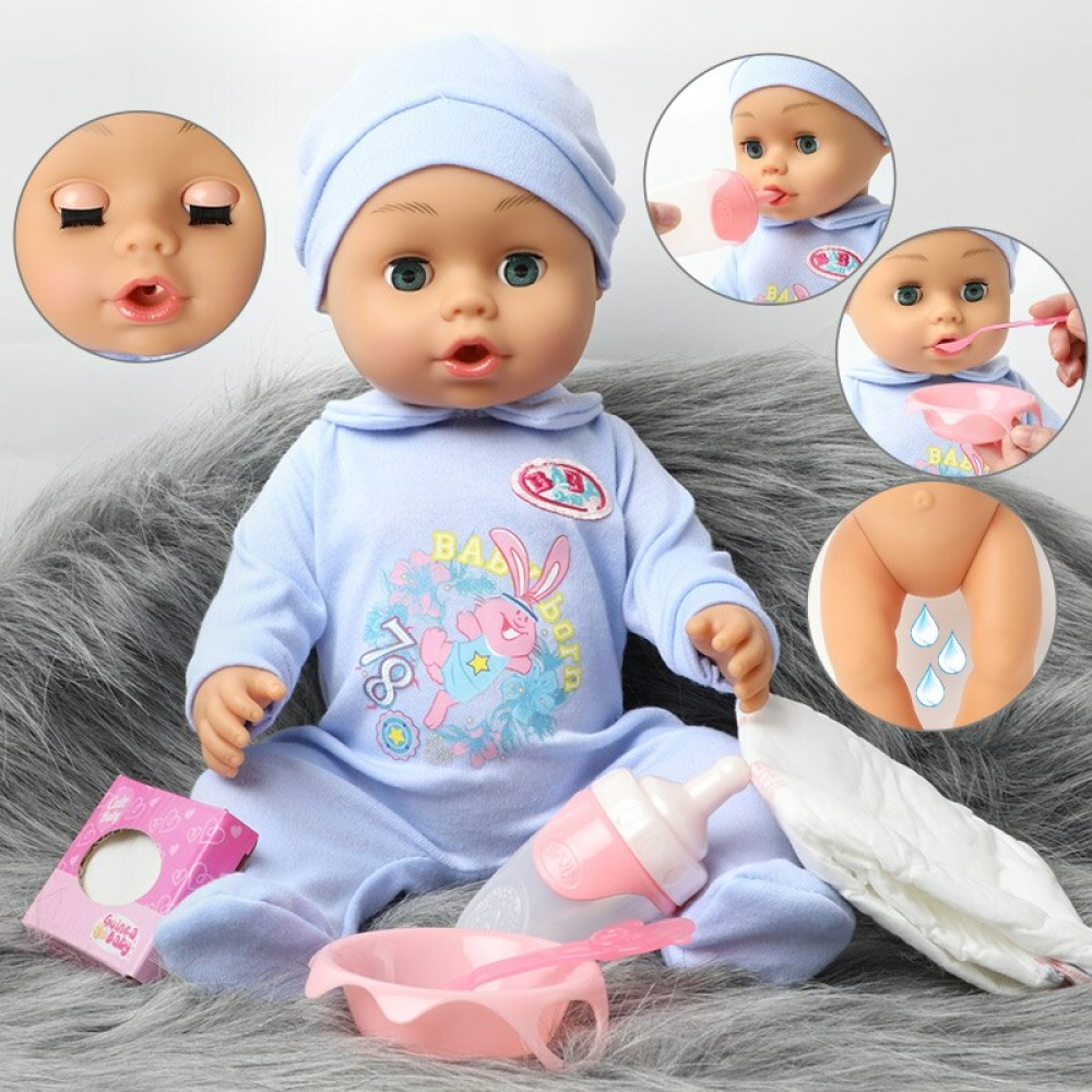 Puppe mit blauem Body und rosafarbenem Zubehör