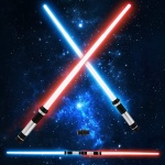 Star Wars Laserschwert in Rot und Blau mit Weltraumhimmel im Hintergrund