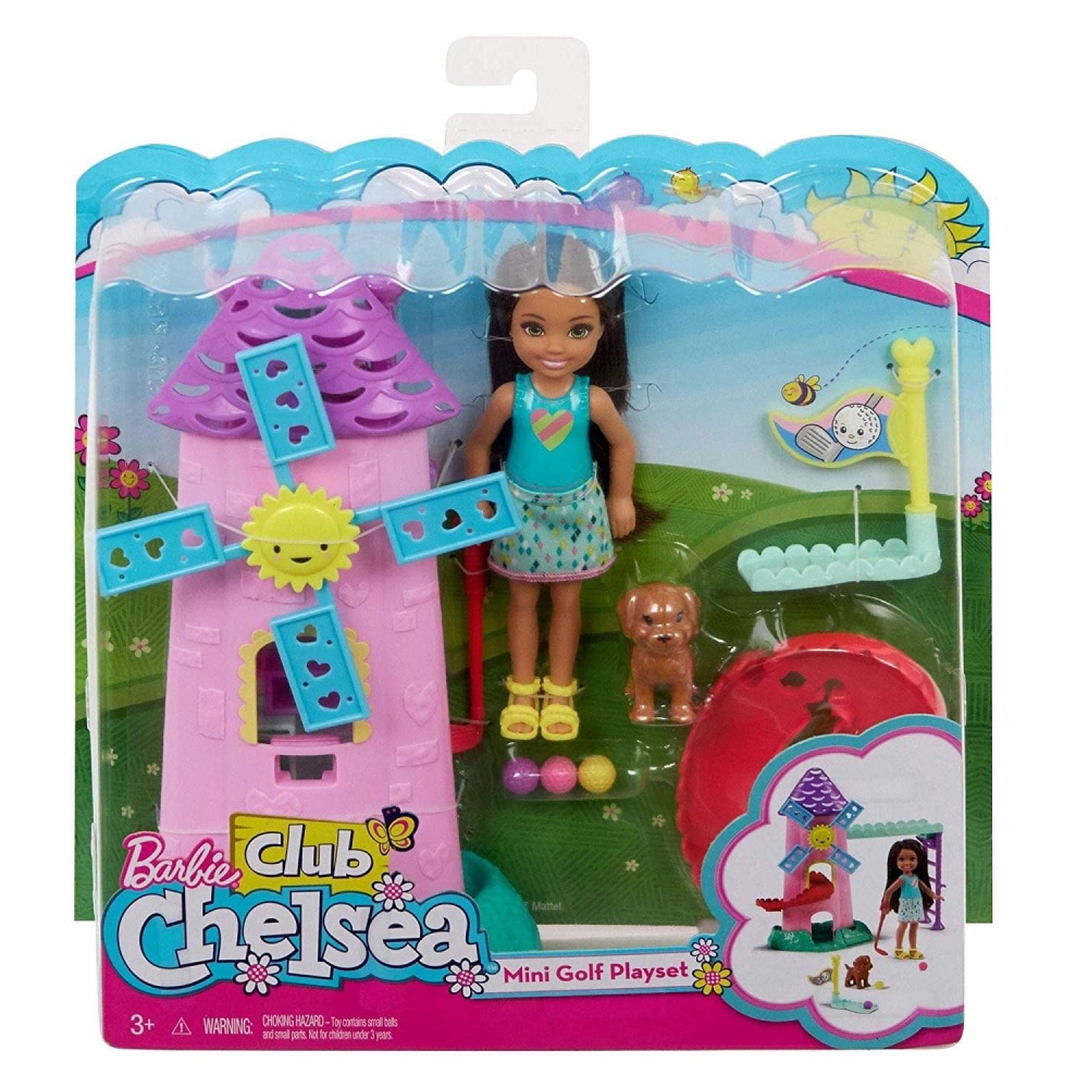 Barbie Club Chelsea Golfplatz mit rosa und blauer Mühle und Golf-Accessoires