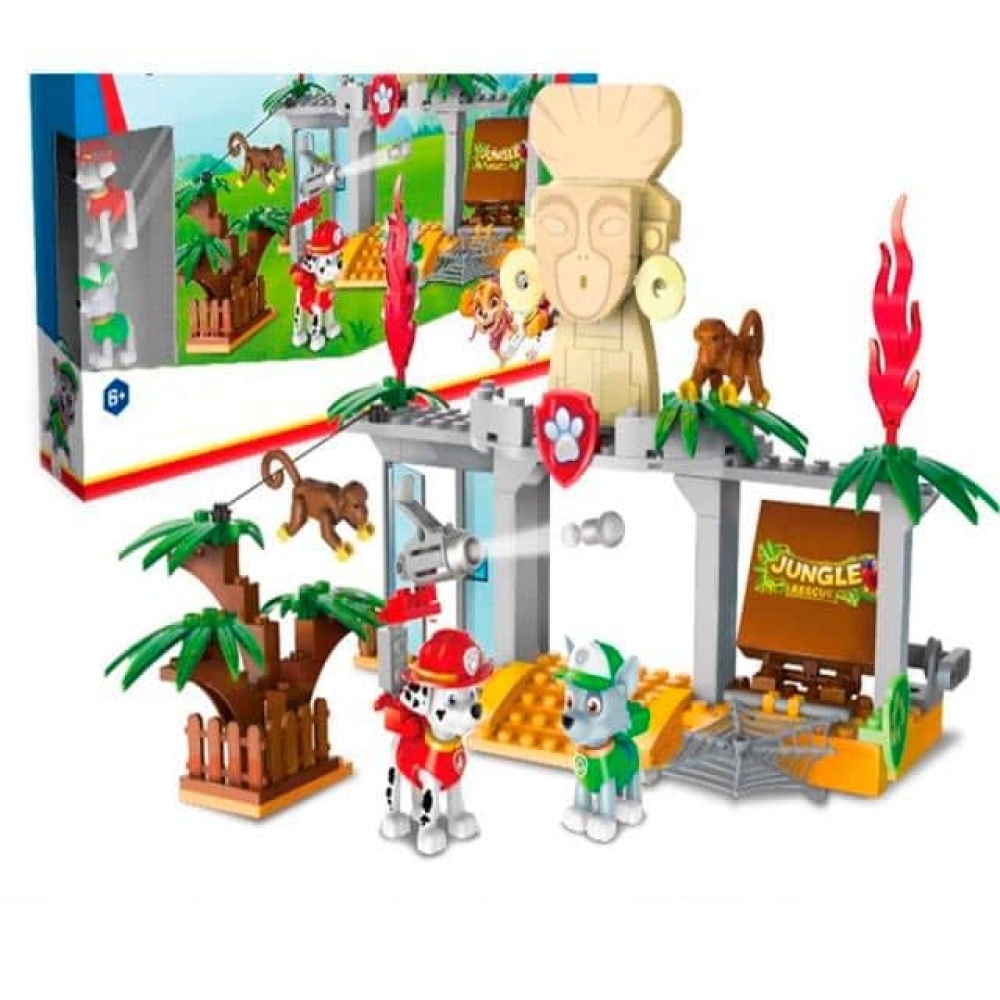 Bauklötze Pat Patrouille Marshall und Rocky Patrouille Marshall und Rocky bunt mit weißem Hintergrund mit einem Baum und einer Statue und Blut