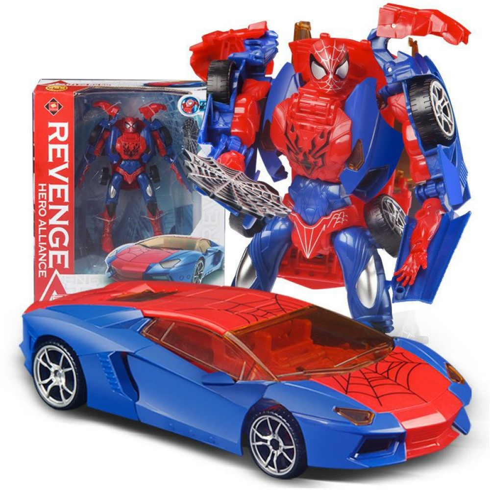 Spiderman-Transformator-Auto in blau und rot mit Spinnenmotiv