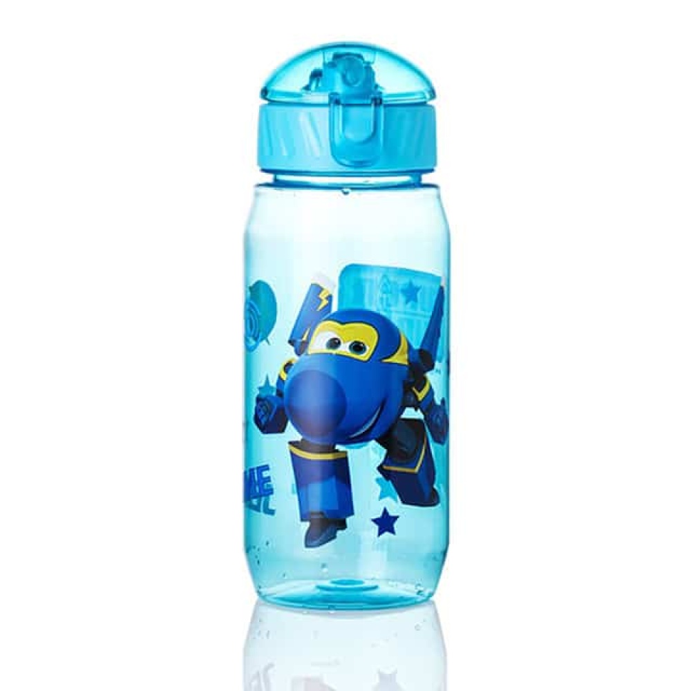 Kinder-Trinkflasche mit Super Wings-Motiv - Blau Motiv-Kindertrinkflasche Super wings in blau und transparent mit Motiv