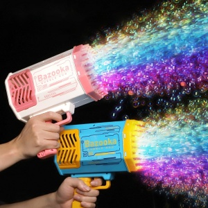 Zwei Bazooka-Blasen in Blau und Pink treiben bunte Blasen an