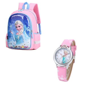 Pack Rucksack + Uhr Elsa in rosa und blau mit Schneekönigin-Motiv