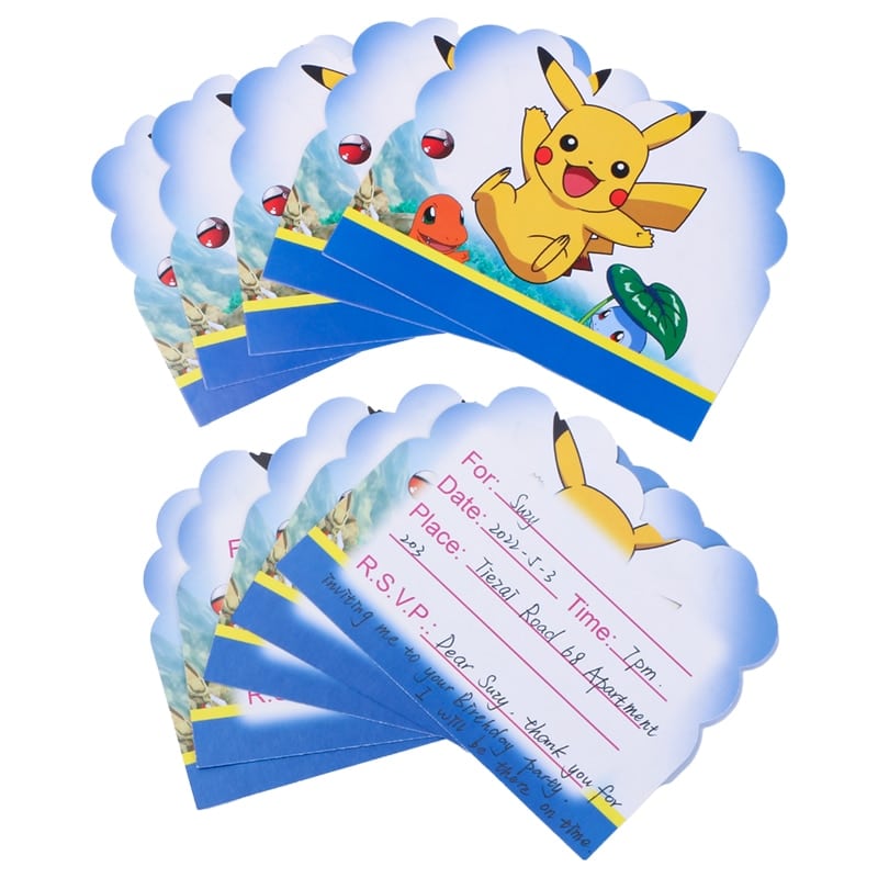 Einladungskarten zum Geburtstag aus Papier Pokémon Motiv Pikachu Bulbizarre auf blauem Hintergrund