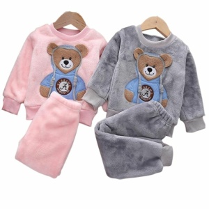 Polarpyjama mit niedlichem Bärenmotiv für Kinder in rosa und grau