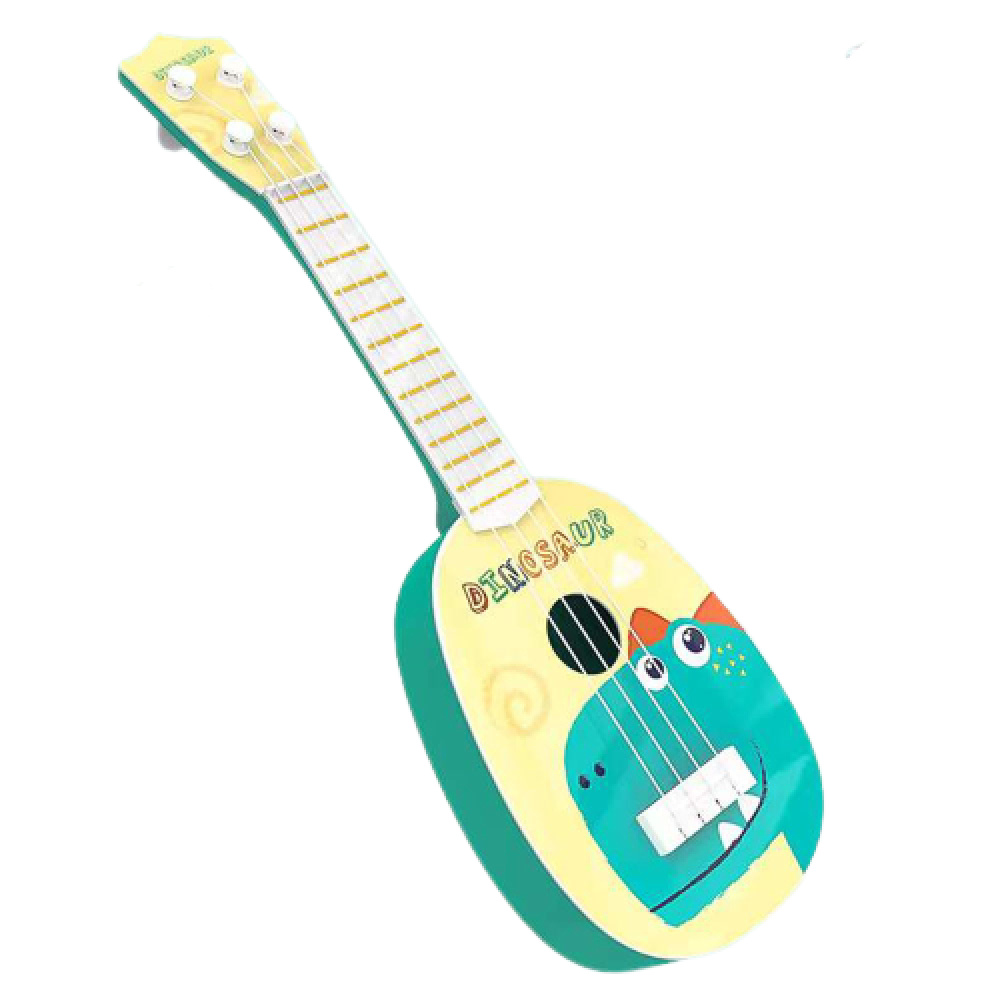 Gelbe Kindergitarre mit 4 Saiten und grünem Dinosauriermotiv
