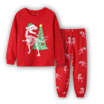 Weihnachtspyjama mit Dinosaurier-Motiv und einem Weihnachtsbaum für Kinder mit weißem Hintergrund