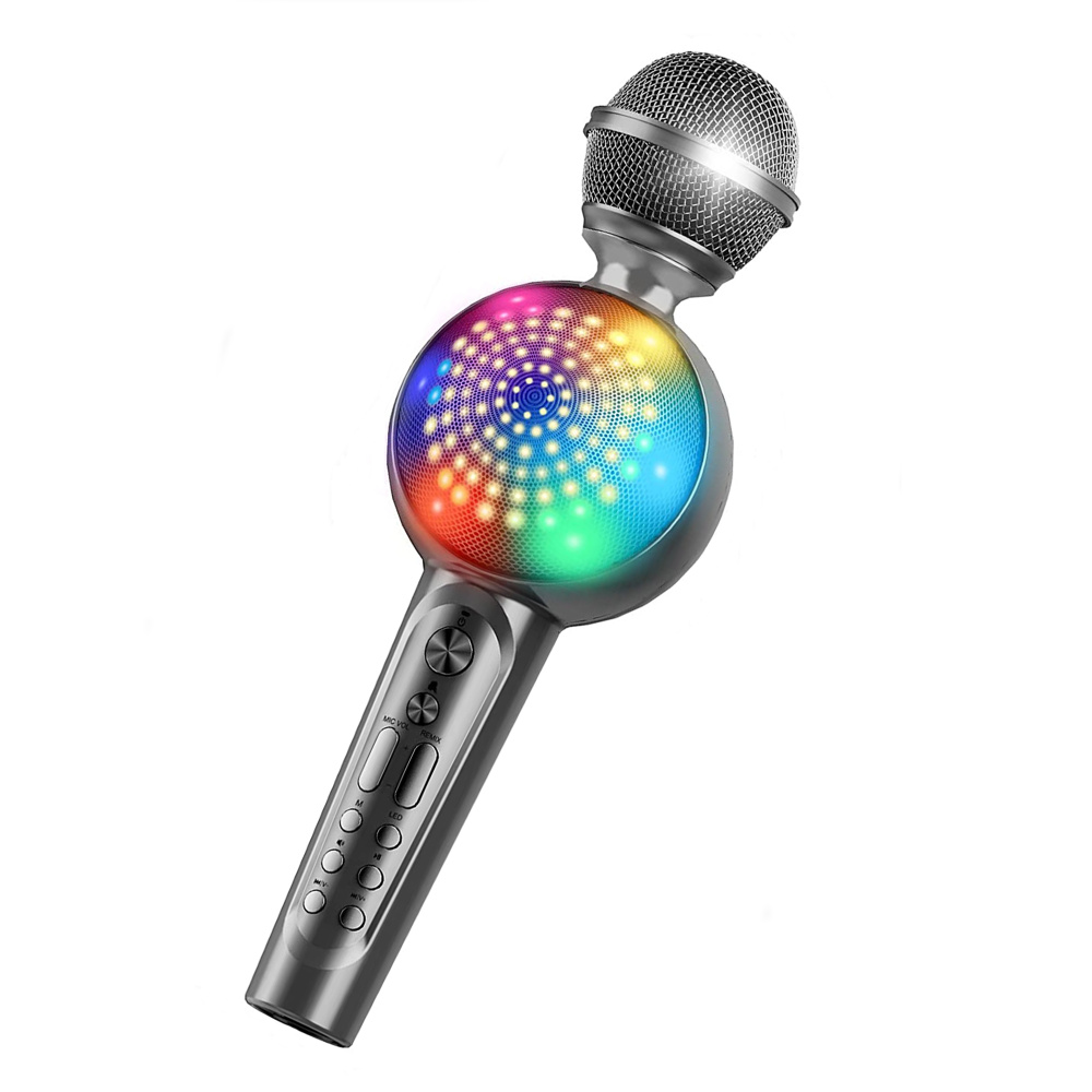 Ein graues kabelloses Karaoke-Mikrofon für Kinder mit einem mehrfarbigen Lautsprecher in der Mitte