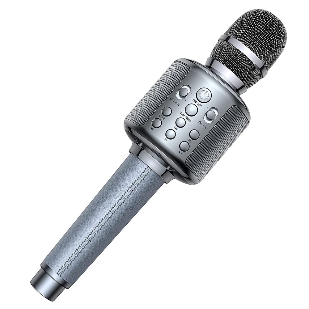 Ein graues Karaoke-Mikrofon für Kinder. Am Griff befinden sich Knöpfe zum Einstellen der Lautstärke. Der Griff ist aus Stoff genäht.