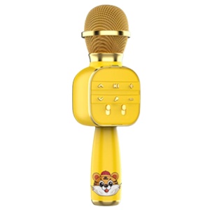 Ein Karaoke-Mikrofon für Kinder. Es ist hellgelb mit einem kleinen Cartoon-Tiger auf dem Griff. Am oberen Ende des Griffs befinden sich Tasten, mit denen die Einstellungen vorgenommen werden können. Die Oberseite des Mikrofons ist goldfarben.