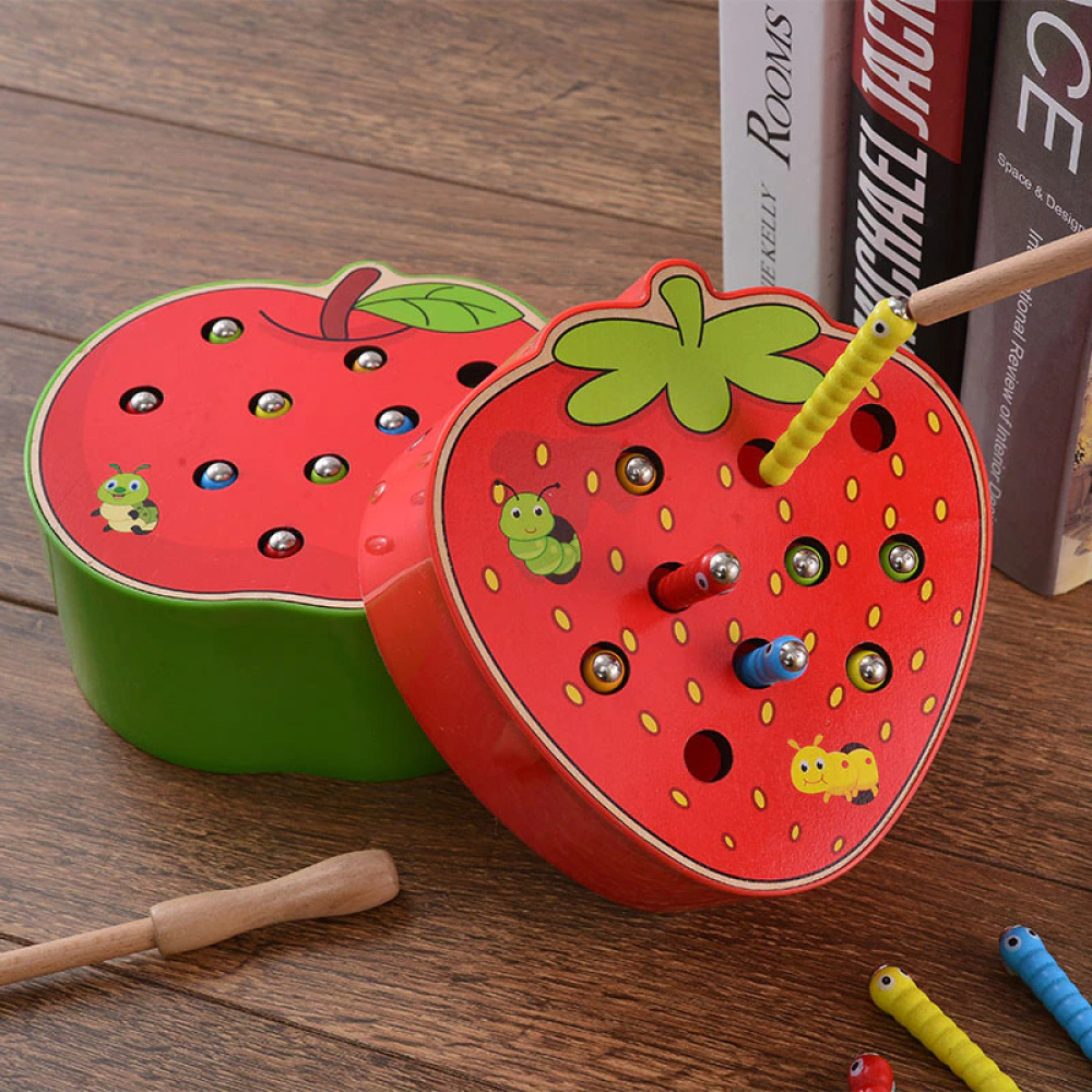 Montessori-Spielzeug Apfel- und Erdbeerset für Kinder mit Holzboden und Büchern